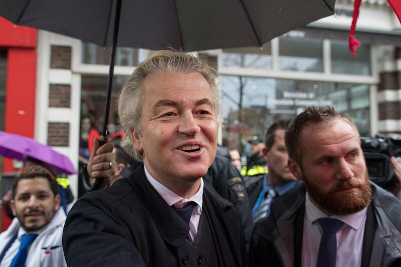 Geert Wilders, leader of the Party for Freedom (PVV), speaks to supporters on the campaign tail in Breda on March 8, 2017. Jasper Juinen / Bloomberg