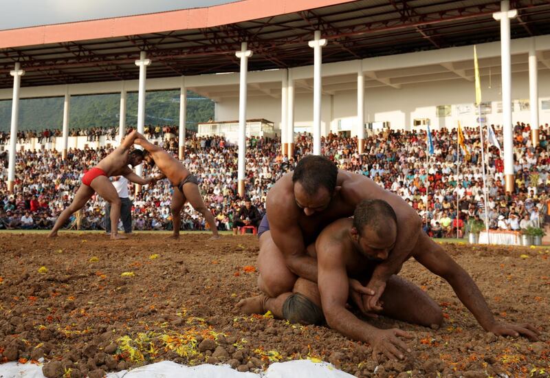 Traditional Indian wrestling in Katra on Wednesday, October 2.  EPA