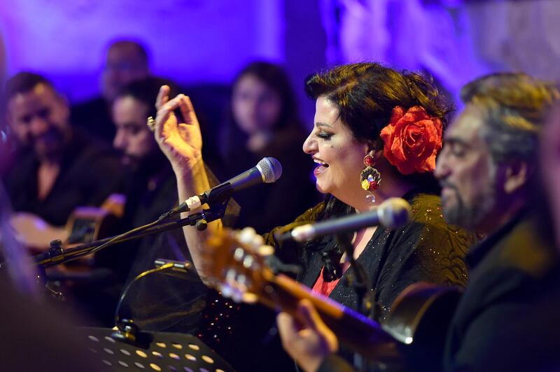 Lebanese diva Jahida Wehbe (C) performs on stage during the annual Baalbeck International Festival in Baalbeck, Beqaa Valley, Lebanon, 02 August 2019.