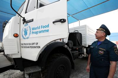 Dubai, United Arab Emirates - May 21, 2019: Vladimir Solovyov, Director of the department on international affairs of the ministry of emergency situations. Hand-over ceremony of the Kamaz trucks to WFP by the Russian Federation. Tuesday the 21st of May 2019. Dubai. Chris Whiteoak / The National