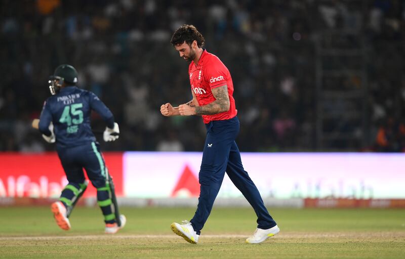 Reece Topley celebrates taking the wicket of Mohammad Rizwan for 88. Getty