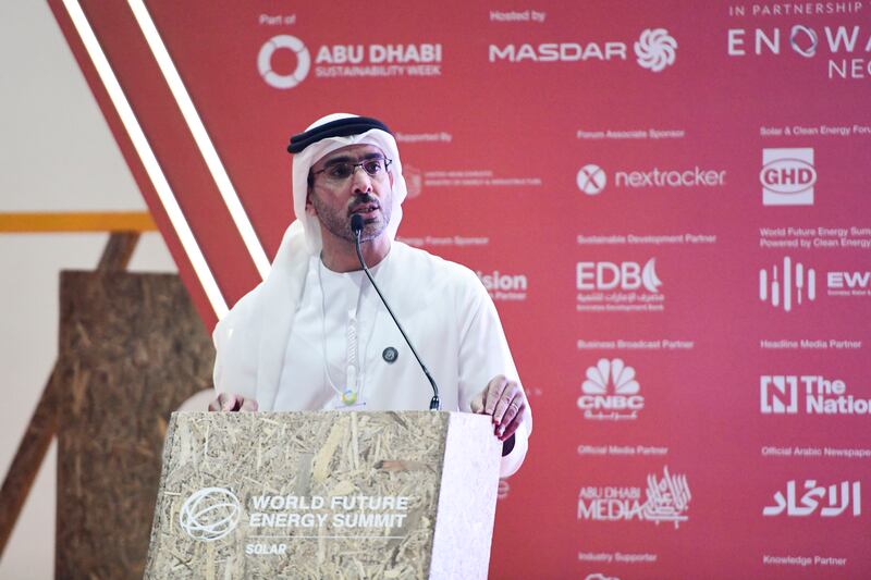 Sharif Al Olama, undersecretary for energy and petroleum affairs at the Ministry of Energy and Infrastructure, during his keynote for Solar Forum Abu Dhabi Sustainability Week 2023. Khushnum Bhandari / The National