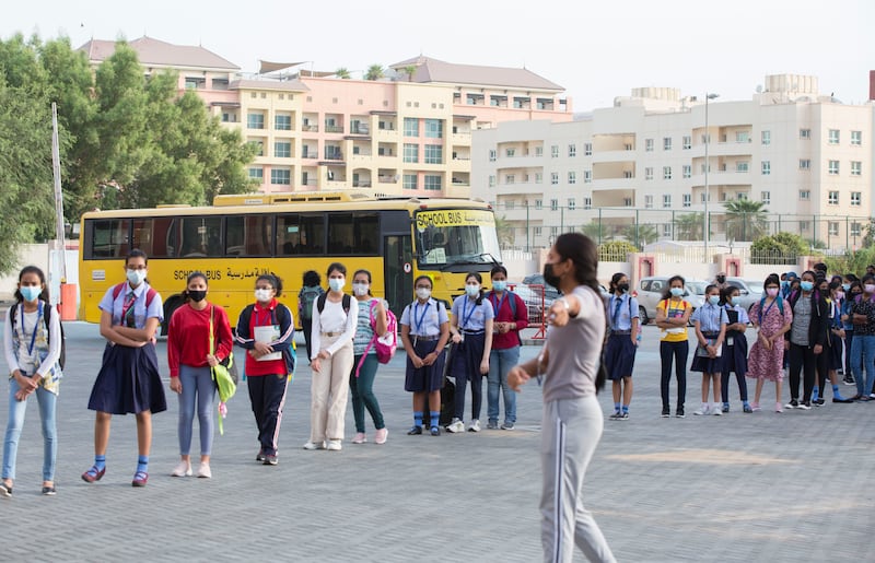 Pupils queuing to enter their classrooms on the first day of in-person learning at the Indian High School in Oud Metha, Dubai.