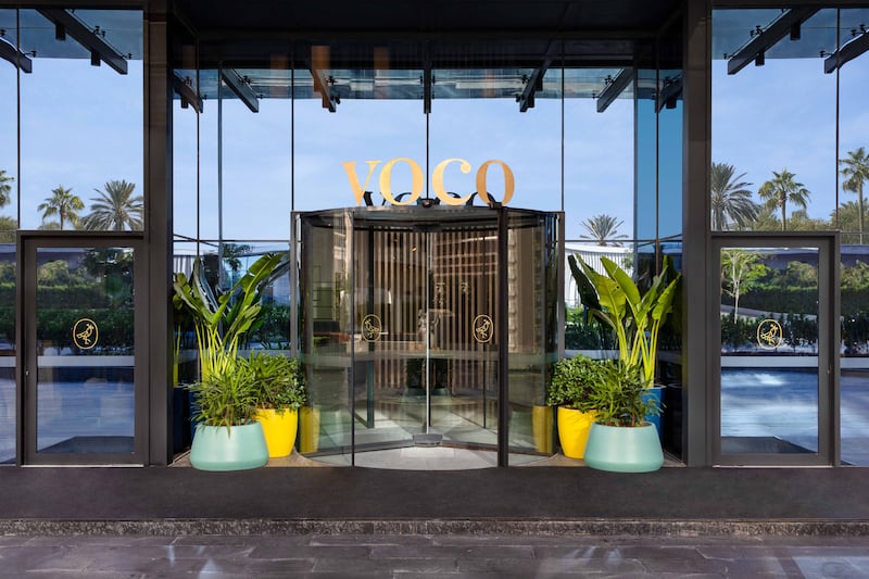 The entrance of voco Dubai The Palm hotel on the Palm West Beach strip