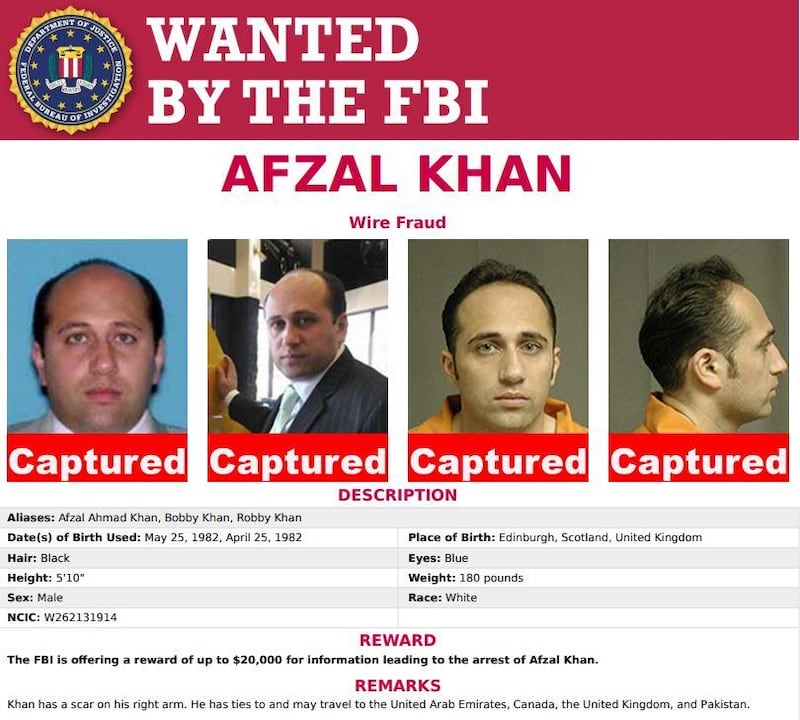 Mugshot images of Edinburgh-born alleged fraudster Afzal 'Bobby' Khan, who the FBI said was arrested in the Emirates last week. He was extradited to New Jersey on Monday. Courtesy: FBI Most Wanted