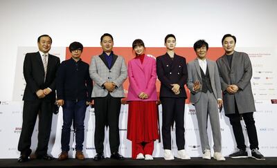 epa07068328 (L-R) Busan International Film Festival (BIFF) director Jeon Jay, South Korean director Yoon Jero, South Korean actors: Lee Yu-jun, Lee Na-young, Jang Dong-yoon,Oh Kwang-rok and Seo Hyun-woo at a press conference for the opening film 'Beautiful Days' at the 23rd Busan International Film Festival (BIFF) in Busan, South Korea, 04 October 2018. The BIFF will screen 323 films from 79 countries and runs from 04 to 13 October 2018.  EPA/KIM HEE-CHUL