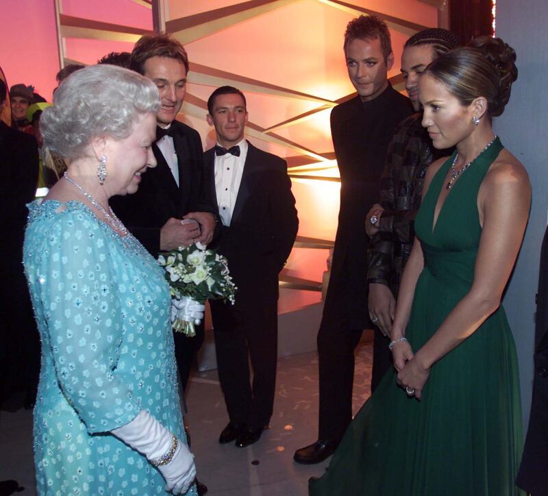 Queen Elizabeth with US performer Jennifer Lopez in London. Getty