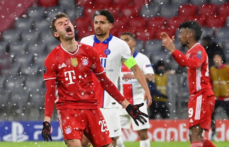 Bayern's Thomas Mueller after missing a chance  at the Allianz Arena in Munich. AP