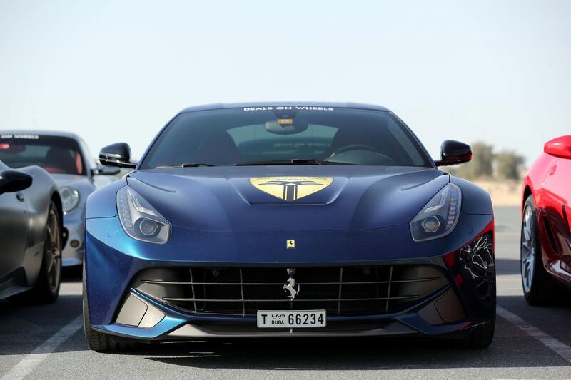 Dubai, United Arab Emirates - January 6th, 2018: A Ferrari F12berlinetta at the meeting of the Supercars Club Arabia. Saturday, January 6th, 2018 at Bab Al Shams Desert Resort & Spa, Dubai. Chris Whiteoak / The National