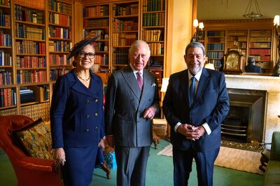 Britain's King Charles III poses with Prime Minister of St Vincent and the Grenadines, Ralph Gonsalves, and Mrs Eloise Gonsalves during an audience in Balmoral, Scotland. AP