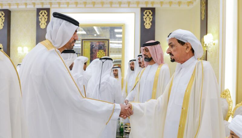 AJMAN, 15th June, 2018 (WAM) -- H.H. Sheikh Humaid bin Rashid Al Nuaimi, Supreme Council Member and Ruler of Ajman, this morning received Eid al-Fitr well-wishers at Al Zaher Palace, in the presence of H.H. Sheikh Ammar bin Humaid Al Nuaimi, Crown Prince of Ajman.

The visitors wished them well and for further progress and pride to the UAE and its people under the wise leadership of President His Highness Sheikh Khalifa bin Zayed Al Nahyan.

Sheikh Humaid bin Rashid and Sheikh Ammar bin Humaid also received Eid al-Fitr greetings from a number of Sheikhs, key officials in the government and private departments, top military and police officials, dignitaries, citizens and residents.

The reception was attended by Sheikh Ahmed bin Humaid Al Nuaimi, Ajman Ruler's Representative for Administrative and Financial Affairs, Sheikh Abdul Aziz bin Humaid Al Nuaimi, Chairman of Ajman Tourism Development Department, Sheikh Rashid bin Humaid Al Nuaimi, Chairman of the Ajman Municipality and Planning Department, Sheikh Dr. Majid bin Saeed Al Nuaimi, Chairman of the Ajman's Ruler Court, and a number of sheikhs and senior officials.