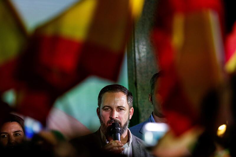 Spanish far-right Vox party leader Santiago Abascal gives a speech at their party seat in Madrid. EPA