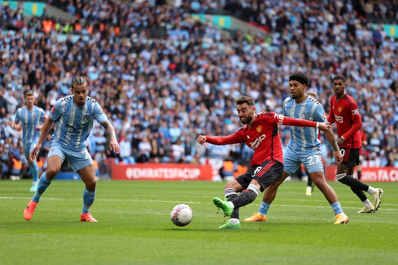 Bruno Fernandes scores Manchester United's third goal. Getty Images
