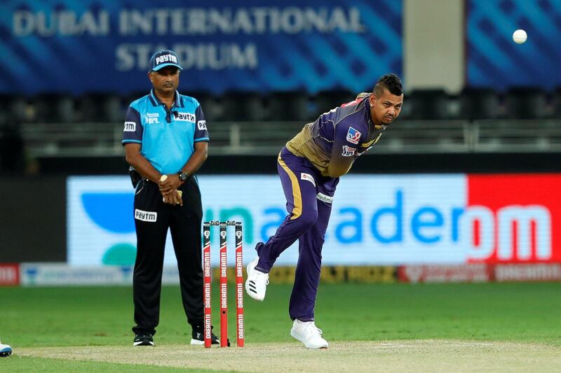 Sunil Narine of Kolkata Knight Riders bowling during match 12 of season 13 of the Dream 11 Indian Premier League (IPL) between the Rajasthan Royals and the Kolkata Knight Riders held at the Dubai International Cricket Stadium, Dubai in the United Arab Emirates on the 30th September 2020.  Photo by: Saikat Das  / Sportzpics for BCCI