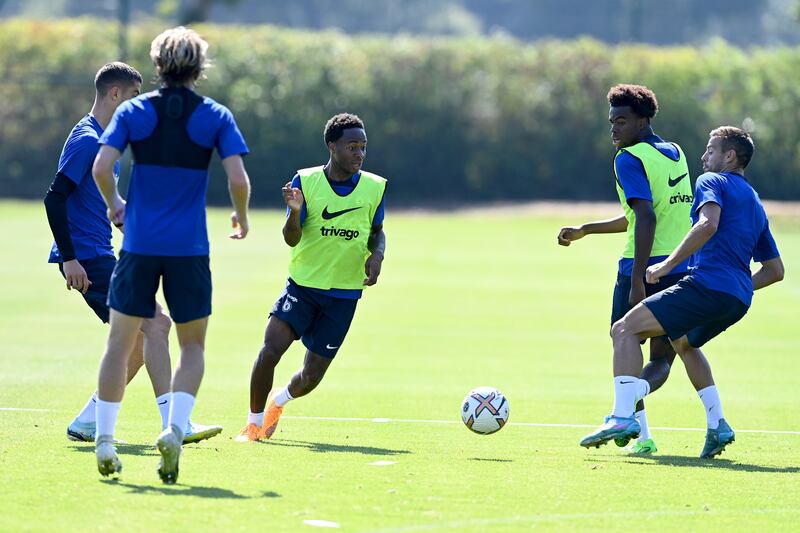 Raheem Sterling, Carney Chukwuemeka and Cesar Azpilicueta in action ahead of the Tottenham game on Sunday. 