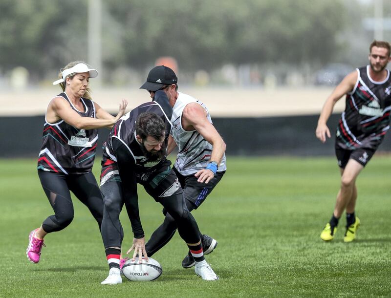 Abu Dhabi, April 13, 2019.  Middle East Touch preparing to play at the World Cup of rugby's non-contact version.    
Victor Besa/The National.
Section:  SP  
Reporter:  Paul Radley