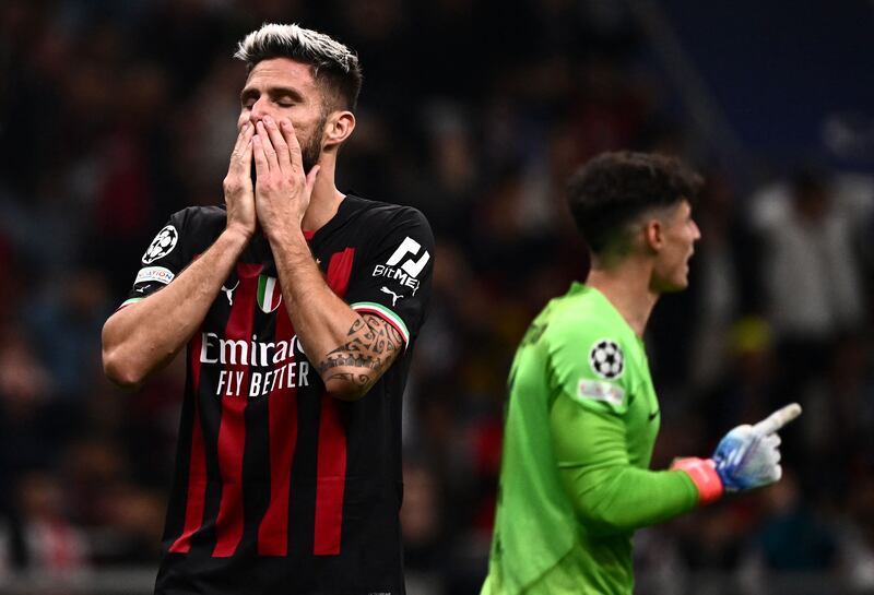 AC Milan forward Olivier Giroud after missing a chance. AFP