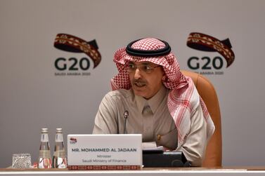 Saudi Minister of Finance Mohammed Al Jadaan speaks during a meeting of Finance ministers and central bank governors of the G20 nations in the Saudi capital Riyadh on February 23, 2020. AFP 