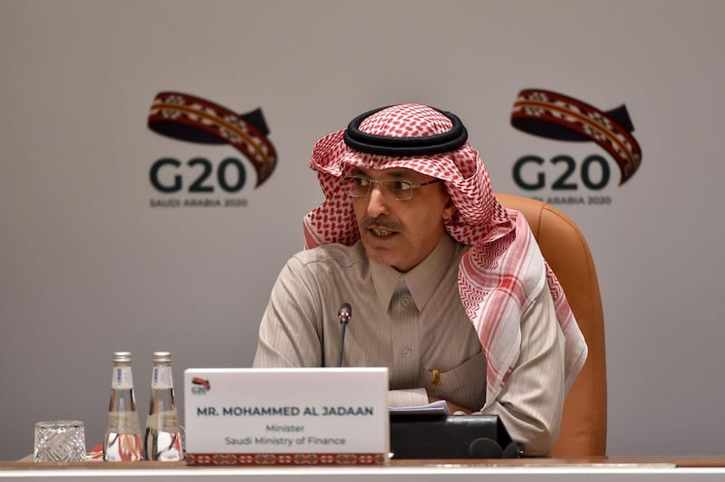 Saudi Minister of Finance Mohammed Al-Jadaan speaks during a meeting of Finance ministers and central bank governors of the G20 nations in the Saudi capital Riyadh on February 23, 2020. The deadly coronavirus epidemic will dent global growth, the IMF warned, as G20 finance ministers and central bank governors weighed its economic ripple effects at a two-day gathering in Riyadh. / AFP / FAYEZ NURELDINE
