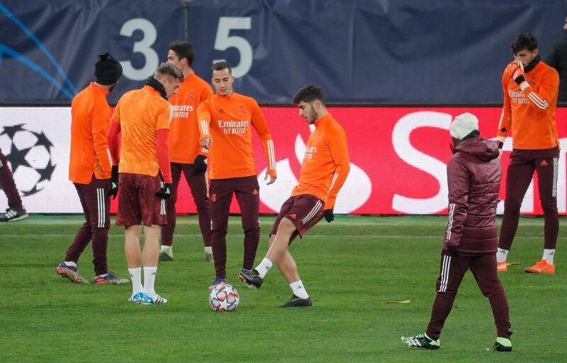Real Madrid players during a training session in Kiev. EPA
