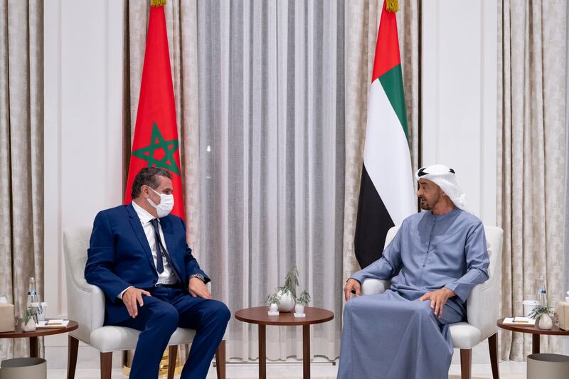 Sheikh Mohamed bin Zayed, Crown Prince of Abu Dhabi and Deputy Supreme Commander of the UAE Armed Forces (R), meets with Aziz Akhannouch, Prime Minister of Morocco (L), at Al Shati Palace. All Photos Hamad Al Kaabi  / Ministry of Presidential Affairs 
---
