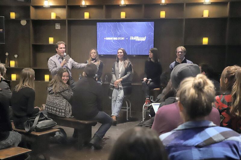 PARK CITY, UT - JANUARY 20:  Maria Bello, Garrett Bradley, Matthew Belloni, and Otto Bell speak during Great Big Story and The Hollywood Reporter Panel: Documentary Filmmaking in the Digital Age during the 2018 Sundance Film Festival at CNN News Room on January 20, 2018 in Park City, Utah.  (Photo by John Parra/Getty Images for for The Hollywood Reporter)