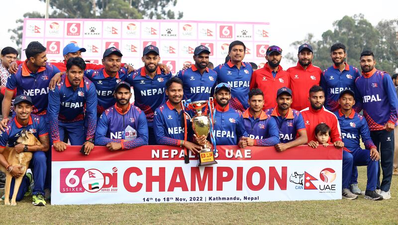 Team Nepal pose with the series trophy after winning the third ODI against UAE at TU Cricket Stadium on November 18, 2022. Nepal won the match by six wickets and the series 2-1. Photos: Subas Humagain