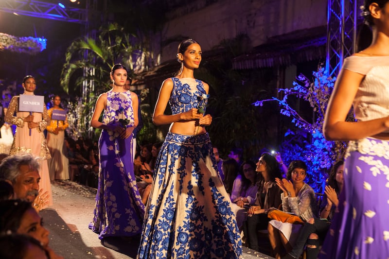 18 March 2015 , Mumbai -INDIA.

Models walk the ramp during Designer Manish Malhotra's  'A Blue Runway' collection on day 2 at the Lakme India Fashion week 2015.

(Subhash Sharma for The National ) *** Local Caption ***  lakme (57).jpg