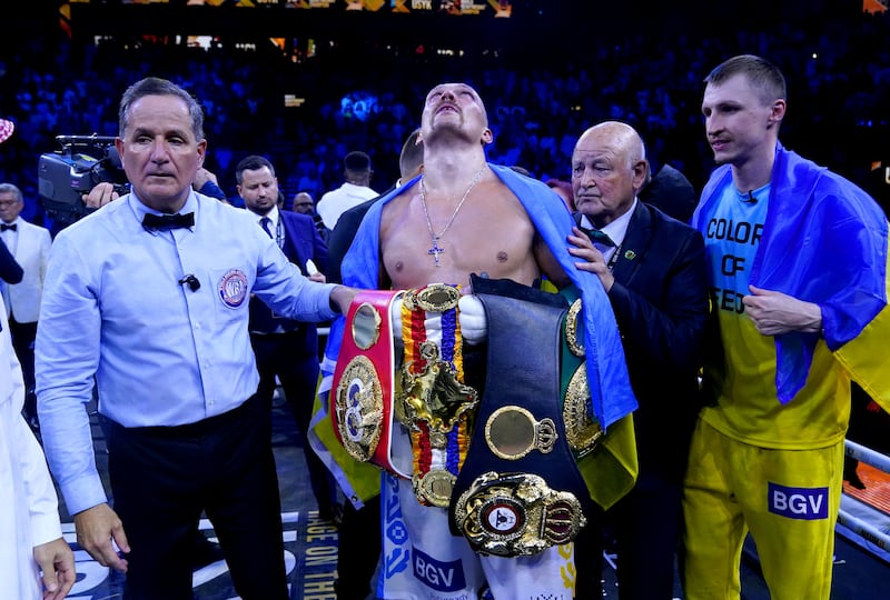 Oleksandr Usyk after retaining his world heavyweight titles in a split decision against Anthony Joshua at the King Abdullah Sport City Stadium in Jeddah, Saudi Arabia. PA