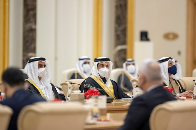 Sheikh Saif bin Zayed, Deputy Prime Minister and Minister of Interior, left, and Sheikh Mansour bin Zayed, Deputy Prime Minister and Minister of Presidential Affairs, attend the reception for the official visit of Mr Erdogan.