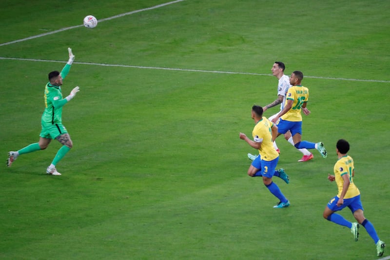 Argentina's Angel Di Maria scores the winning goal against Brazil. EPA