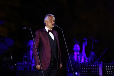 TABUK, SAUDI ARABIA - APRIL 08: Andrea Bocelli performs in concert on April 08, 2021 at World Heritage Site Hegra in AlUla near Tabuk, Saudi Arabia. (Photo by Francois Nel/Getty Images for The Royal Commission for AlUla)