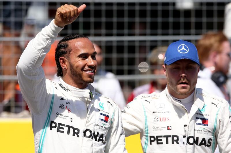 LE CASTELLET, FRANCE - JUNE 22: Pole position qualifier Lewis Hamilton of Great Britain and Mercedes GP and second place qualifier celebrate in parc ferme during qualifying for the F1 Grand Prix of France at Circuit Paul Ricard on June 22, 2019 in Le Castellet, France. (Photo by Charles Coates/Getty Images)