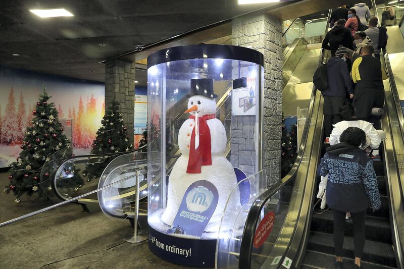 DUBAI , UNITED ARAB EMIRATES , November 22 – 2020 :- Christmas decoration at the entrance of Ski Dubai in Mall of the Emirates in Dubai. ( Pawan Singh / The National ) For News/Standalone/Online/Instagram