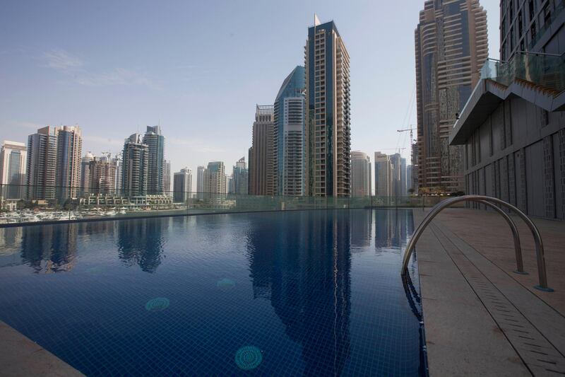 Dubai, United Arab Emirates - June 11 2013 - The Cayan Tower's swimming pool on the 6th floor of the building. (Razan Alzayani / The National)