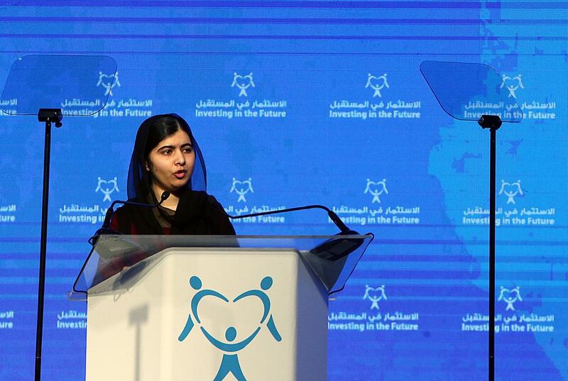 Malala Yousafzai, the youngest Nobel laureate, addresses the Investing in the Future conference in Sharjah. Satish Kumar / The National
