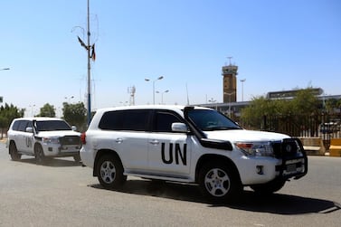 A picture taken on January 31, 2019 shows the motorcade of UN special envoy for Yemen travelling en route to Sanaa International Airport. / AFP / Mohammed HUWAIS