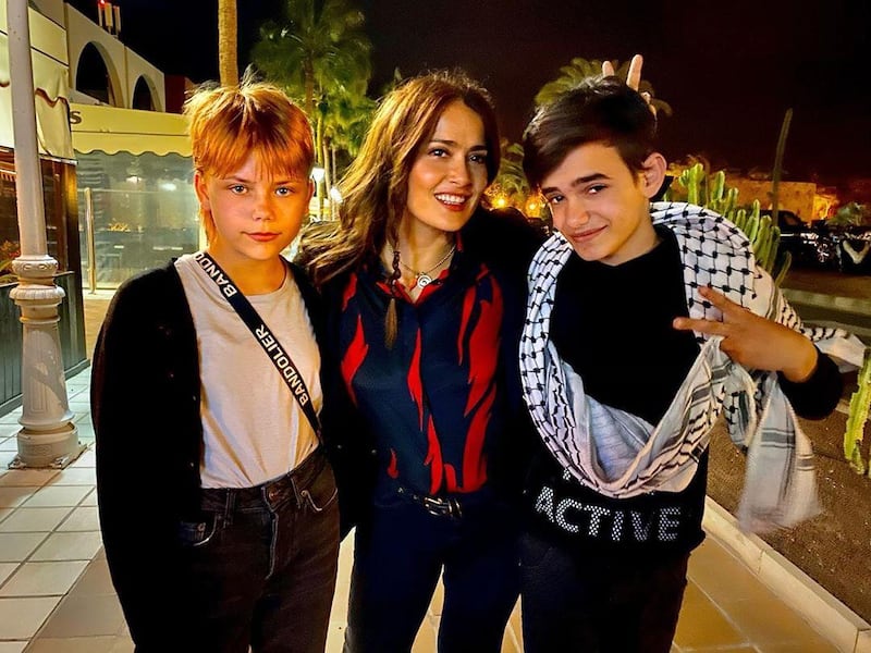 Lia McHugh and Zain Al Rafeea, right, with Salma Hayek, centre, who is starring as the leader of the 'Eternals' in the Marvel film. Instagram/Salma Hayek