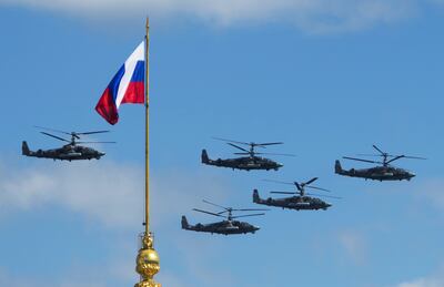 Ka-52 helicopters during a Victory Day parade in Moscow in 2015. Getty Images