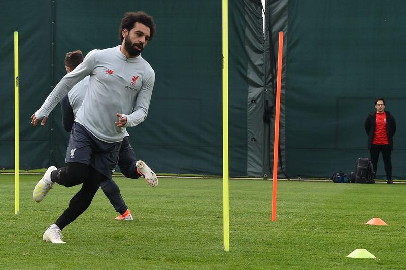 Mohamed Salah takes part in training at Melwood ahead of Liverpool's Uefa Champions League semi-final, first leg against Barcelona. AFP