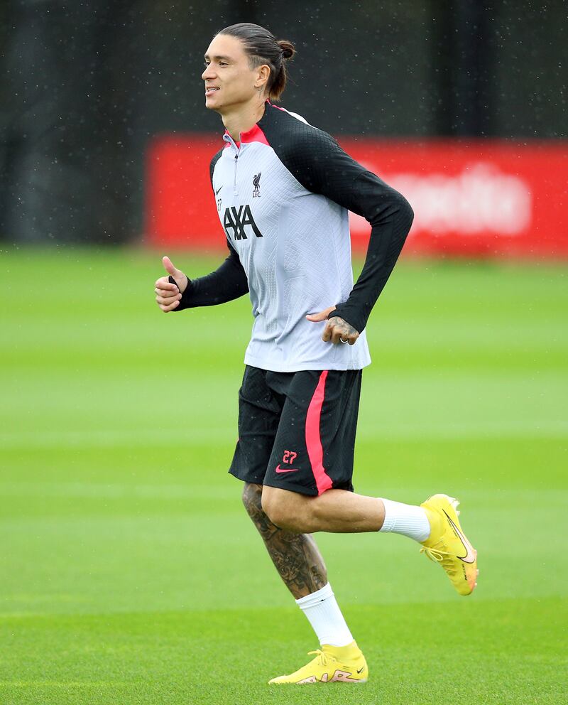 Liverpool striker Darwin Nunez during training. PA