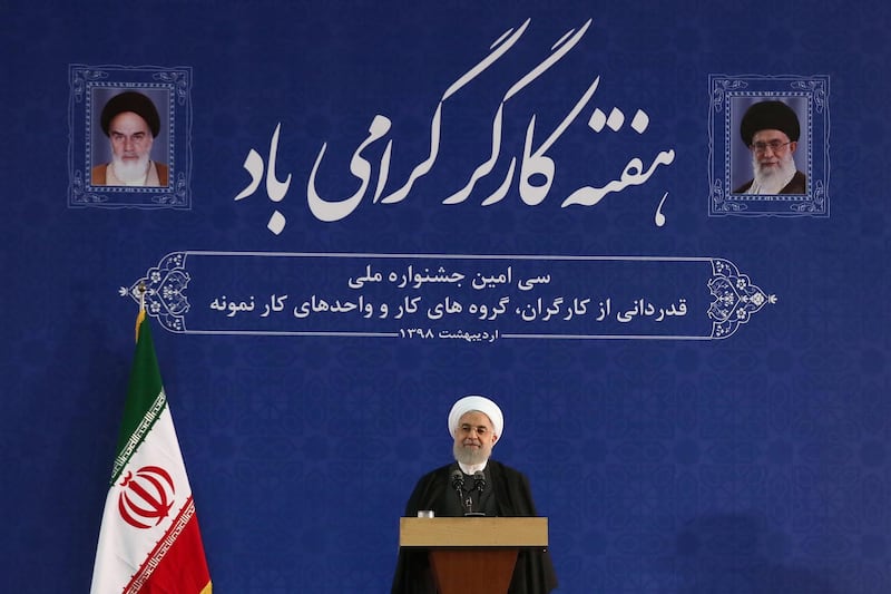 Iranian President Hassan Rouhani speaks during a ceremony marking national Workers' Week in Tehran, Iran April 30, 2019. Official Iranian President website/Handout via REUTERS ATTENTION EDITORS - THIS IMAGE WAS PROVIDED BY A THIRD PARTY. NO RESALES. NO ARCHIVES