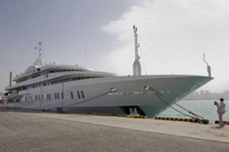 The Alysia, taking a break from a worldwide voyage, is docked at Port Zayed in preparation for next month's Abu Dhabi Yacht Show.