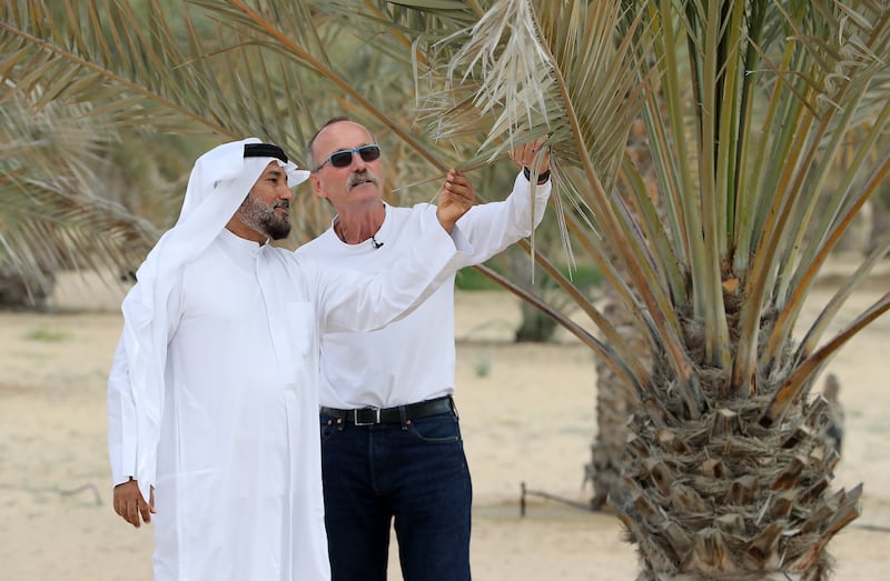 Dr Ahmed Al Muaini and Brent Clothier at the experiment site at the International Centre for Biosaline Agriculture in Dubai. 
