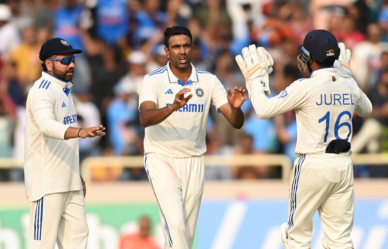 Ravichandran Ashwin celebrates dismissing James Anderson of England for a duck as the visitors were bowled out for 145, giving India a victory target of 192. Getty Images