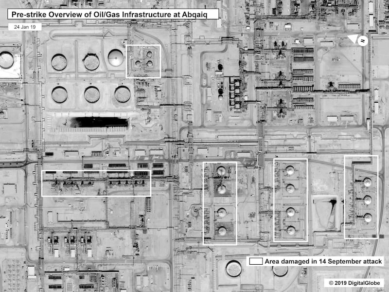 This image provided by the U.S. government and DigitalGlobe and annotated by the source, shows a pre-strike overview at Saudi Aramco's Abaqaiq oil processing facility in Buqyaq, Saudi Arabia. The drone attack Saturday on Saudi Arabia's Abqaiq plant and its Khurais oil field led to the interruption of an estimated 5.7 million barrels of the kingdom's crude oil production per day, equivalent to more than 5% of the world's daily supply. AP