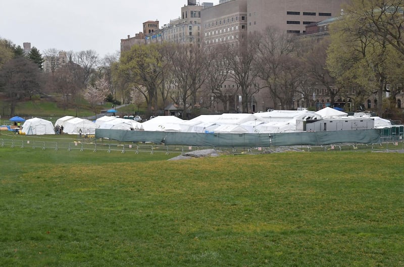 The Central Park field hospital constructed by members of  Samaritan's Purse are seen in this photo on Friday, April 3, 2020 in New York. The hospital began taking patients on Tuesday and is equipped to accommodate 68 beds with ventilators to handle any overflow of coronavirus patients. Gov. Andrew Cuomo said Friday that 2,935 New Yorkers have died from the coronavirus so far with 562 new deaths over the last 24 hours
/Sipa USANo Use UK. No Use Germany.