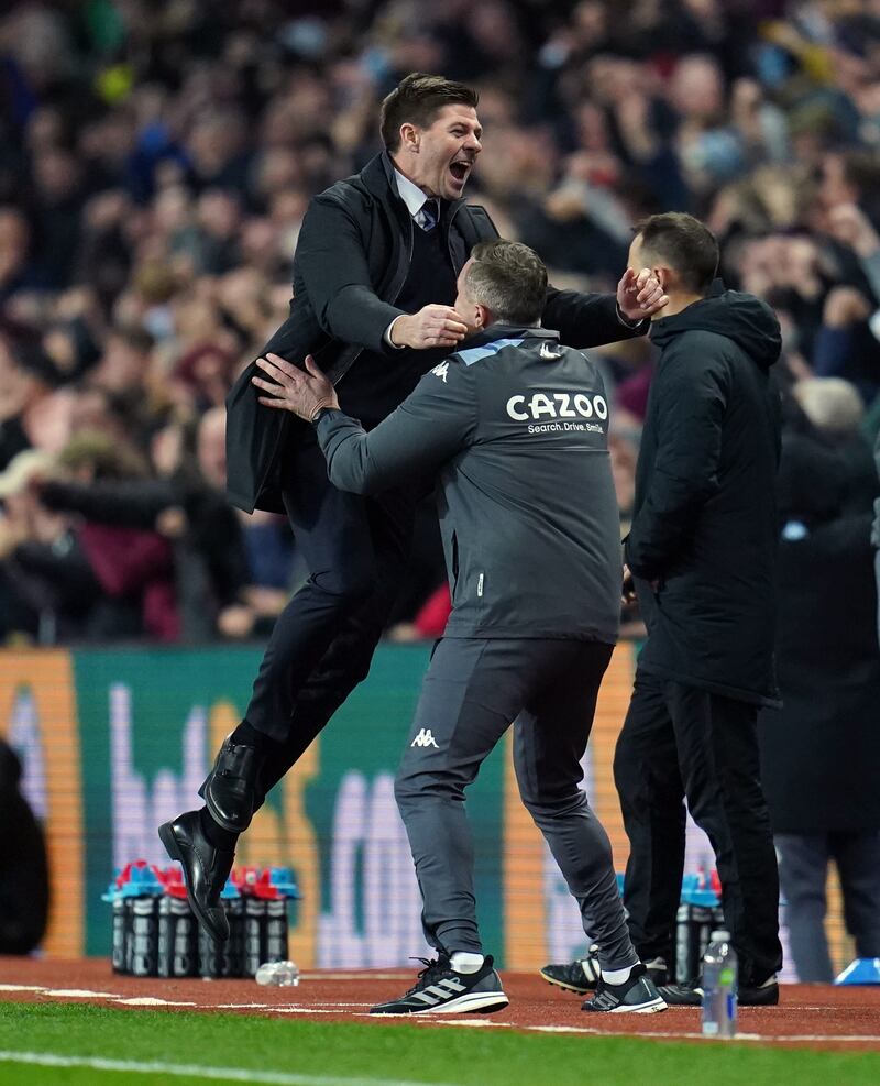 Aston Villa manager Steven Gerrard celebrates the second goal scored by Tyrone Mings. PA