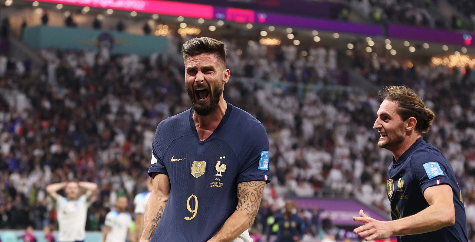 AL KHOR, QATAR - DECEMBER 10: Olivier Giroud of France celebrates after scoring the team's second goal during the FIFA World Cup Qatar 2022 quarter final match between England and France at Al Bayt Stadium on December 10, 2022 in Al Khor, Qatar. (Photo by Catherine Ivill / Getty Images)