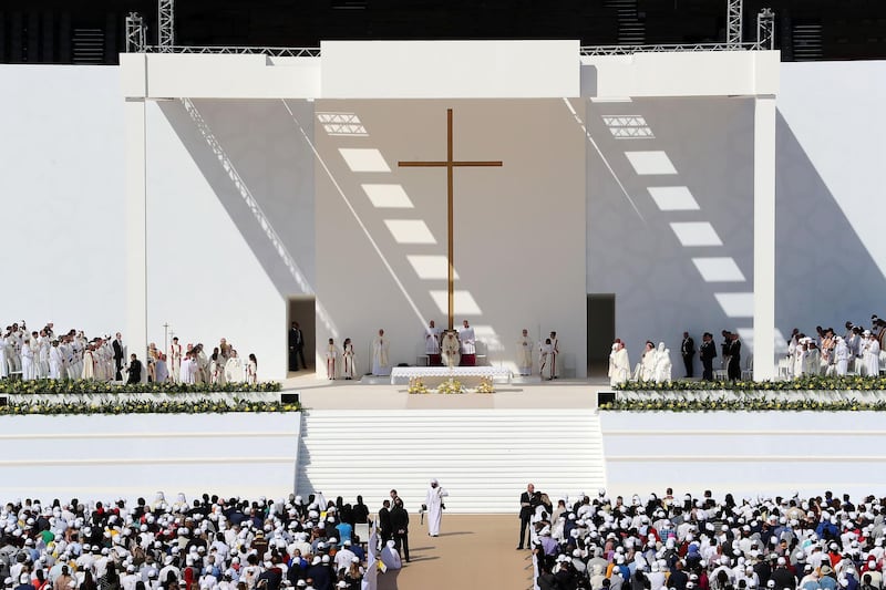 ABU DHABI , UNITED ARAB EMIRATES , February 05 – 2019 :- Pope Francis ( center ) duirng the holy mass at the Zayed Sports City in Abu Dhabi. ( Pawan Singh / The National ) For News/Instagram/Big Picture.